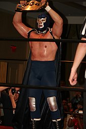 Blue Demon Jr. is the first Mexican wrestler and the first masked luchador to hold the championship Blue Demon Jr NWA World Heavyweight Champion.jpg