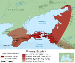 Image 45Map showing the early growth of the Bosporan Kingdom, before its annexation by Mithridates VI of Pontus (from Ancient Greece)