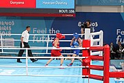 Deutsch: Boxen bei den Olympischen Jugendspielen 2018 Tag 12, 18. Oktober 2018 - Kampf um die Bronzemedaille im Fliegengewicht Mädchen – Heaven Destiny Garcia (USA, blau) schlägt Goryanana Stoeva (Bulgarien, rot) 5-0; Ringrichter ist Ishanguly Meretnyyazov (Turkmenistan). English: Boxing at the 2018 Summer Youth Olympics on 18 October 2018 – Girl's flyweight Bronze Medal Bout - Heaven Destiny Garcia (USA, blue) beats Goryanana Stoeva (Bulgaria, red) 5-0; Referee is Ishanguly Meretnyyazov (Turkmenistan). Español: Boxeo en los Juegos Olímpicos Juveniles de Verano de 2018 en 18 de octubre de 2018 - Combate a medalla de bronce de peso mosca para mujeres: Heaven Destiny Garcia (Estados Unidos, azul) le gana a Goryanana Stoeva (Bulgaria, roja) 5-0; El árbitro es Ishanguly Meretnyyazov (Turkmenistán).