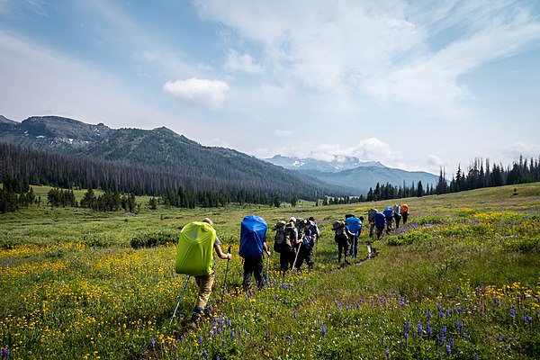 Freshmen at Wyoming Catholic College hike in the Teton Mountains during a three-week backpacking course.