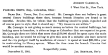 Letter from Carnegie's secretary offering to fund the library Carnegie library letter.png