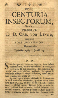 The first page of Centuria Insectorum, as included in Amoenitates Academicae Centuria Insectorum.png