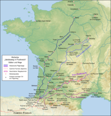 Carte sur laquelle sont indiqués les quatre parcours du pèlerinage de Saint-Jacques-de-Compostelle en France depuis Paris, Vézelay, Le Puy et Arles.