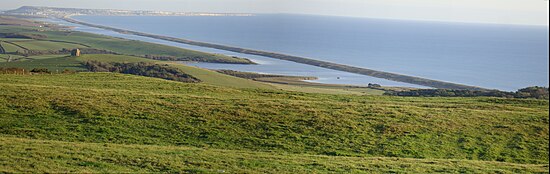 Chesil Beach, the Fleet and the Isle of Portland, from the north-west over Abbotsbury