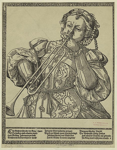 Woman playing a clareta or clarion, from a woodcut by Tobias Stimmer, circa 1575. Possibly a slide trumpet or trombone.