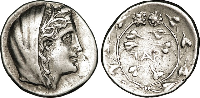 Demeter on a Didrachme from Paros island, struck at the Cyclades.