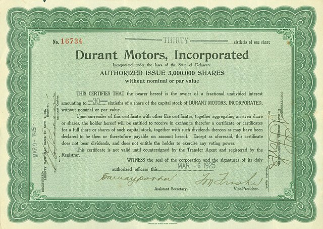 Share of the Durant Motors, Inc., issued 6 March 1925