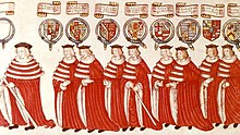 Peers in their robes at the State Opening of Parliament, 4 February 1512. Left to right: the Lord Chamberlain, a Marquess, with white rod of office, several Earls Earls Procession to Parliament.jpg