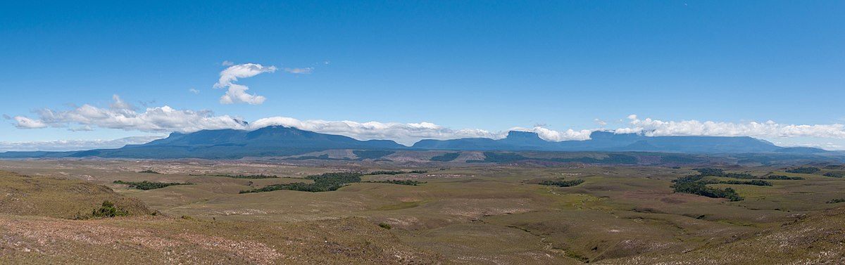 Panoramic view of the Eastern Tepuis chain. From left to right: Tramen-tepui, Ilú-tepui, Karaurín-tepui, Wadakapiapué-tepui (obscured by clouds), Yuruaní-tepui, Kukenán-tepui, and Roraima-tepui (obscured by Kukenán and clouds).