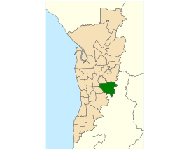 Map of Adelaide, South Australia with electoral district of Bragg highlighted