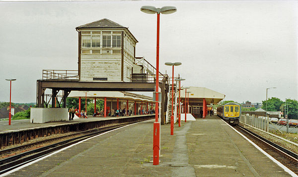 View north east from the west end of the down platform with signal box in 1991