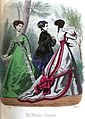 The Ladies' Monthly Magazine, May 1868. Green silk dress made à la Polonaise by Madame Prost, Boulevard des Italiens, Paris, shown with two other dresses.