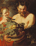 Workshop of Peter Paul Rubens. Satyr with girl and basket of fruit label QS:Len,"Satyr with girl and basket of fruit" label QS:Lpl,"Satyr z dziewczyną i koszem owoców" label QS:Lnl,"Sater met meisje met vruchtenmand" . circa 1612 date QS:P,+1612-00-00T00:00:00Z/9,P1480,Q5727902 . oil on panel medium QS:P186,Q296955;P186,Q106857709,P518,Q861259 . 93.4 × 73 cm (36.7 × 28.7 in). Antwerp, Museum Mayer van den Bergh.