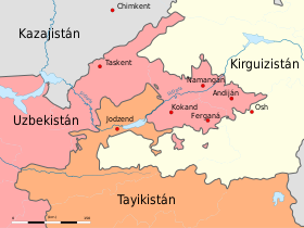 El valle de Ferganá (destacado), post-1991, con los territorios nacionales coloreados