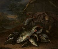 Fish, Lying on Nets label QS:Len,"Fish, Lying on Nets" label QS:Lpl,"Ryby leżące na sieci" label QS:Lnl,"Vissen, liggend op netten" 1684. oil on canvas medium QS:P186,Q296955;P186,Q12321255,P518,Q861259 . 66.8 × 78.8 cm (26.2 × 31 in). Rotterdam, Museum Boijmans Van Beuningen.