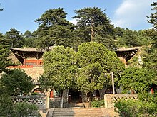 A Chinese temple building. It is built on a raised terrace and two trees nearly obscure the building from view.