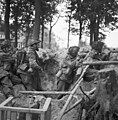 Four men of the 1st Paratroop Battalion, 1st (British) Airborne Division, take cover in a shell hole outside Arnhem. 17 September 1944