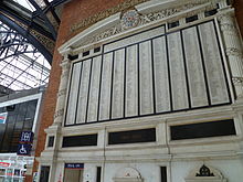 Memorial at Liverpool Street station to GER staff who died during the First World War, unveiled in 1922 by Sir Henry Wilson, who was assassinated by Irish Republican Army gunmen on his way home from the unveiling ceremony. GER memorial Liverpool St.JPG