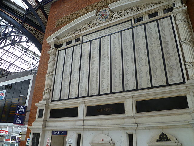 Memorial at Liverpool Street station to GER staff who died during the First World War, unveiled in 1922 by Sir Henry Wilson, who was assassinated by I