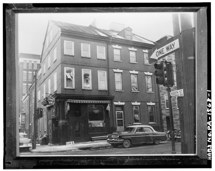 File:General view (left). (The house next door is 603 s. Front Street, HABS No. PA-1569). Photocopied from December 1957 photograph on file at Philadelphia Historical Commission - HABS PA,51-PHILA,433-1.tif