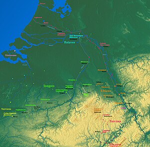 The Roman province of Germania Inferior, showing Atuatuca, modern Tongeren, the capital of the Tungri (Tongres). Places associated with the Tungri are in bright green. It was on the road between Amiens and Cologne on the Rhine Limes. The Ubii (in orange) were originally from the other side of the river Rhine, but moved into part of the territory of the Eburones. Germanie-inferieure.jpg