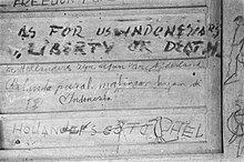 Graffiti in Java, 1948: "Freedom is for us Indonesians", "Liberty or Death", "Hollanders go to Hel". Grafitti Freedom. Is for us Indenesians Liberty or Death. De Hollanders zijn..., Bestanddeelnr 495-4-6.jpg