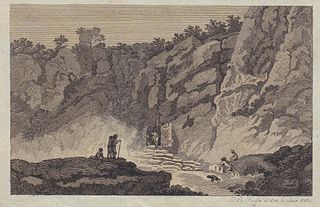 Gruta del perro cerca de Nápoles (grabado en cobre de Johann Baptist Hoessel de 1805)