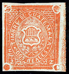 The 2 real stamp from the first revenue stamps of Guatemala. Guatemala 1868 F2.jpg