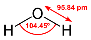 One water molecule: 95.84 picometers between O and H, 104.45 degrees between two hydrogens