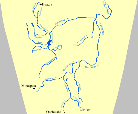 Les multiples affluents et sources du système fluvial du haut Apurímac, dont l'une au Nevado Mismi est considérée comme la source la plus lointaine de l'Amazone.