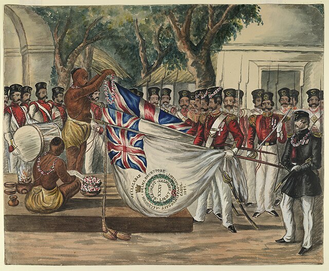 Watercolour painting showing a Hindu priest garlanding the regimental colours of the 35th Bengal Light Infantry, a regiment of the Bengal Native Infan