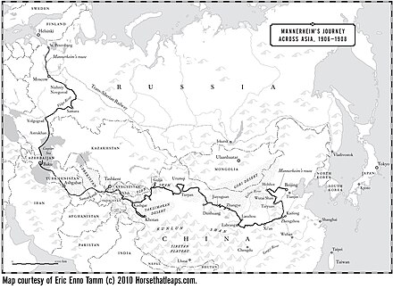 Gustaf Mannerheim's route across Asia from St. Petersburg to Peking, 1906–1908.[39]
