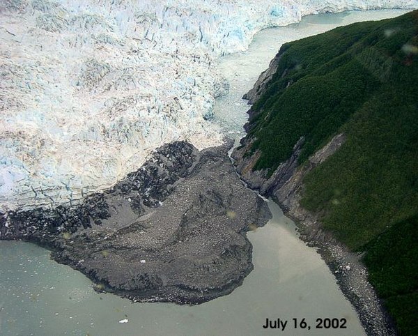 The Hubbard Glacier closed off the Russell Fjord from Disenchantment Bay in 2002 to cause the waters behind the glacier to rise 61 feet (19 m) over 10