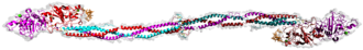 Human fibrinogen (PDB: 3GHG). Colors are the same as in the other picture. Disulfide bonds are also shown (highlighted with yellow). Parts of the actual structure are unresolved: e.g., the C-terminals of Aa chains are too short. Human fibrinogen 3GHG.png
