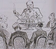 Cartoon of Bismarck dividing Africa at the Berlin Conference, 1885 IMGCDB82 - Caricatura sobre conferencia de Berlin, 1885.jpg