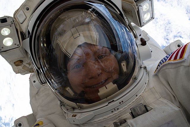 McClain takes a selfie during her first spacewalk, Expedition 59 EVA 1, on March 22, 2019.