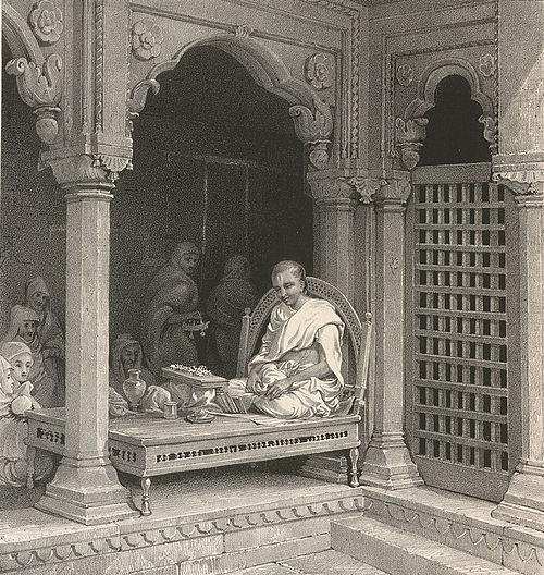 A Preacher Expounding The Poorans. In The Temple of Unn Poorna, Benares. Lithograph by Prinsep (1835)