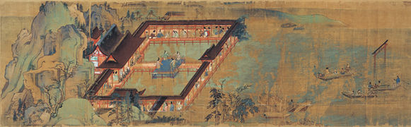 Paysage à la composition sinisante du sanctuaire d’Itsukushima-jinja à Miyajima et le célèbre torii flottant. Biographie illustrée du moine itinérant Ippen, XIIIe.