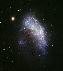 NGC 1427A, an example of an irregular galaxy. It is an Irr-I category galaxy about 52 Mly distant. Irregular galaxy NGC 1427A (captured by the Hubble Space Telescope).jpg