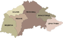 Град Лесковац на картата на Ягланишки окръг (в тъмно кафяво)