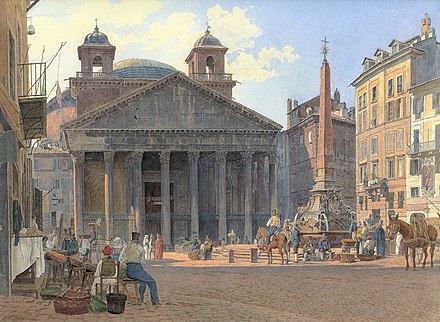 An 1836 view of the Pantheon by Jakob Alt, showing twin bell towers, in place from early 17th to late 19th centuries.
