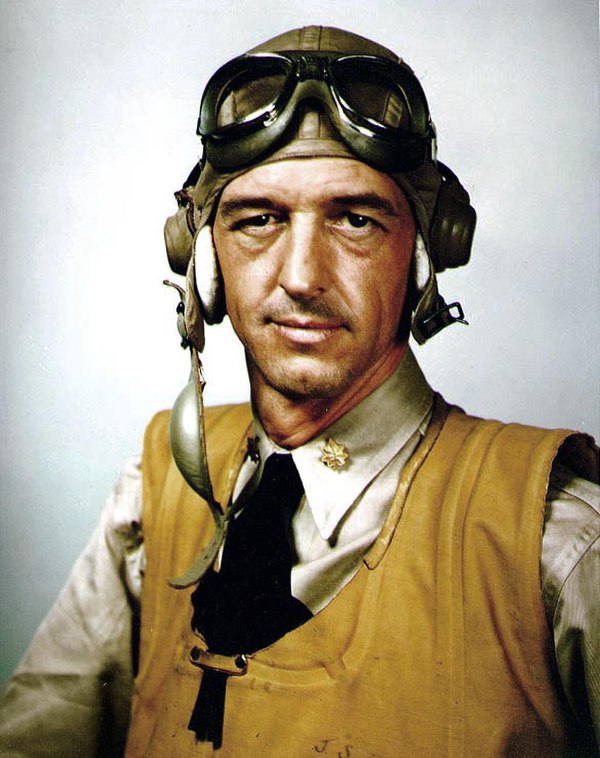 LCDR John S. Thach wearing M-450 helmet, AN6530 goggles and inflatable life vest, 1942.