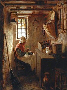 Interior with an old woman eating soup label QS:Len,"Interior with an old woman eating soup" 1853