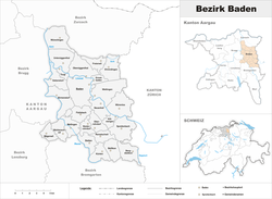 Poloha obcí v okrese Baden a okresu v kantonu Aargau