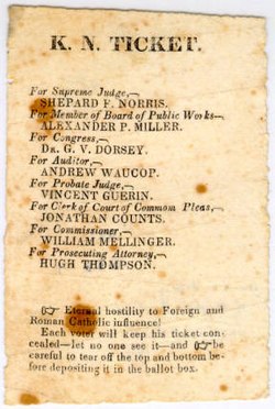 An 1855 Ohio Know Nothing Party ticket naming party candidates for state and county offices. At the bottom of the page are voting instructions. Know Nothing ticket.jpg