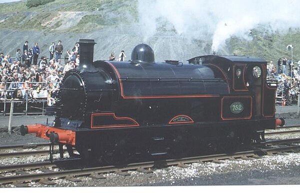 L&YR Aspinall 0-6-0 ST No. 752 at Rainhill in 1980 showing the LYR freight loco colours of black with red lining