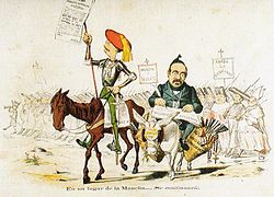 Caricatura con diversos motivos críticos, agosto de 1869. El pretendiente Carlos VII representa a Don Quijote y Aparisi y Guijarro a Sancho Panza. La jerarquía eclesiástica aparece como telón de fondo.