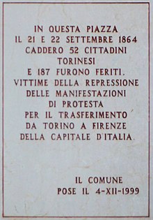 Memorial plaque in Piazza San Carlo Lapide Torino 1864.jpg