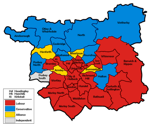 Map of the results for the 1984 Leeds council election. Leeds1984.png