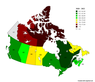 Life expectancy in Canada in 2020-2022 Life expectancy map of Canada 2020-2022 with names.png
